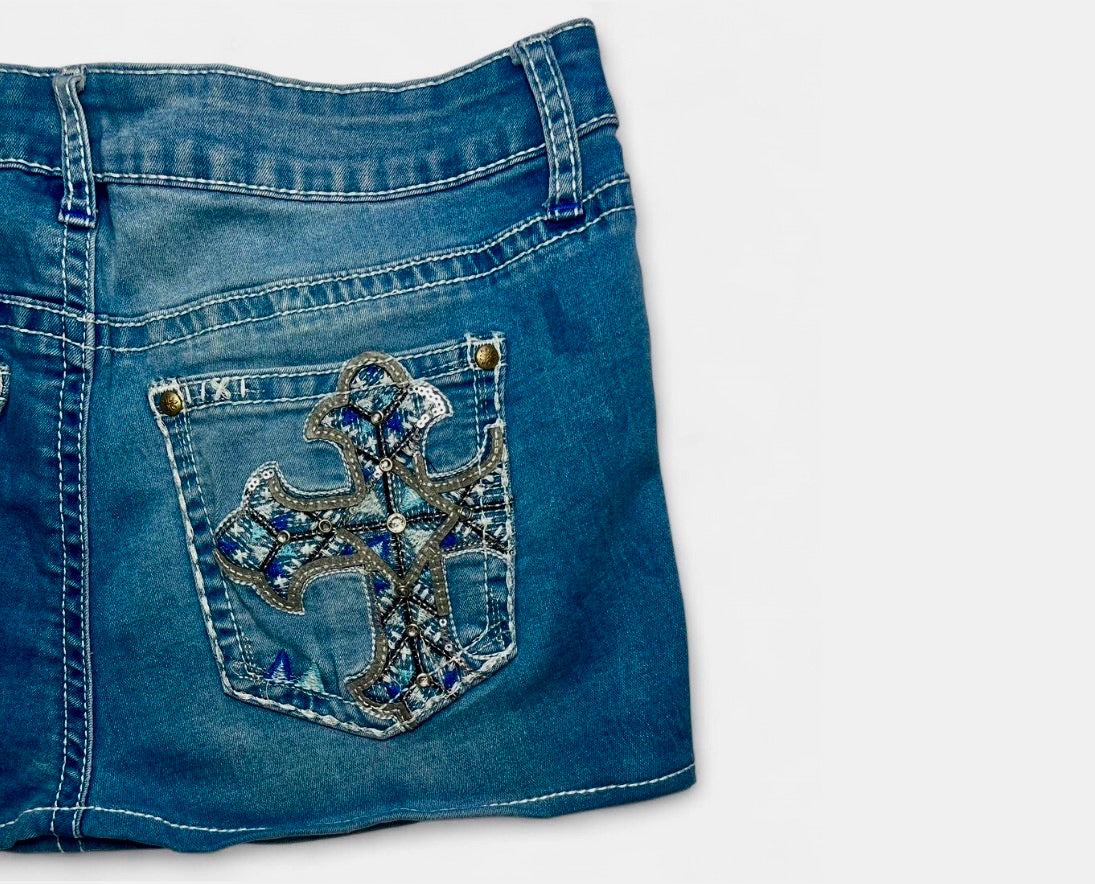 Embroidered Cross Pocket Denim Mini Skirt ♡