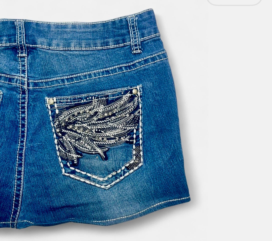 Black & White Diamanté Angel Wing Denim Mini Skirt ♡