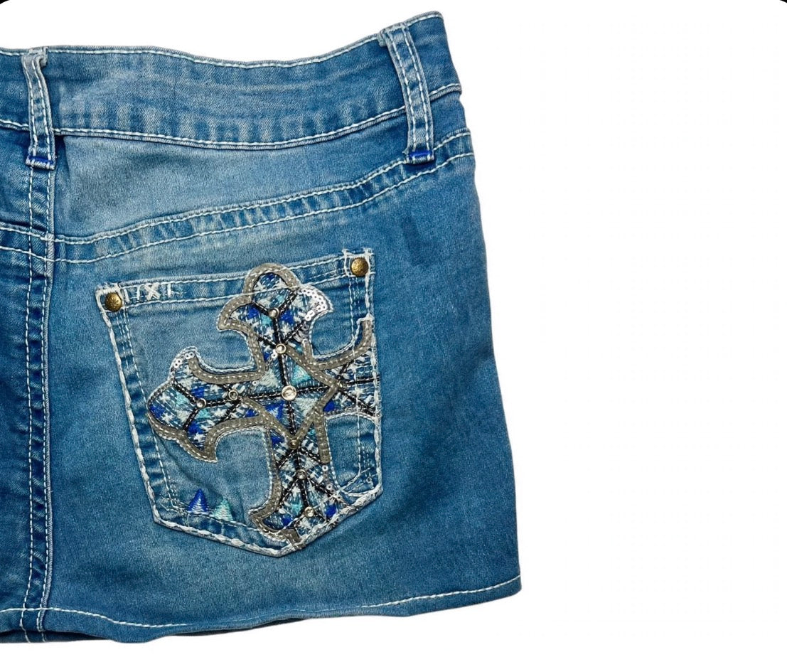 Vintage Y2K Denim Mini Skirt - Blue Cross Embroidery | SophsKloset
