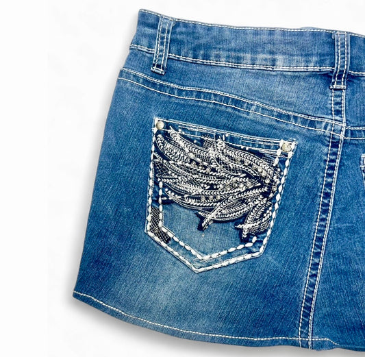 Black & White Diamanté Angel Wing Denim Mini Skirt ♡