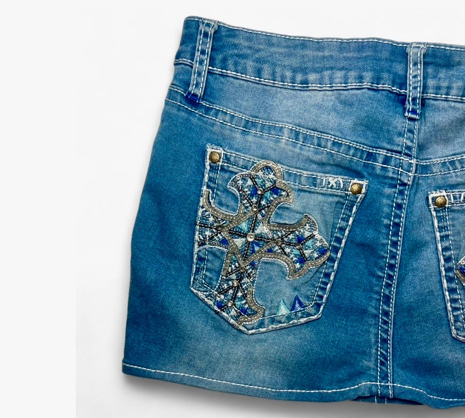 Embroidered Cross Pocket Denim Mini Skirt ♡
