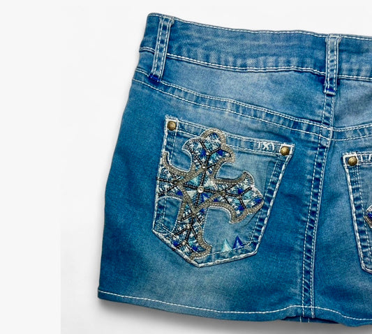 Embroidered Cross Pocket Denim Mini Skirt ♡