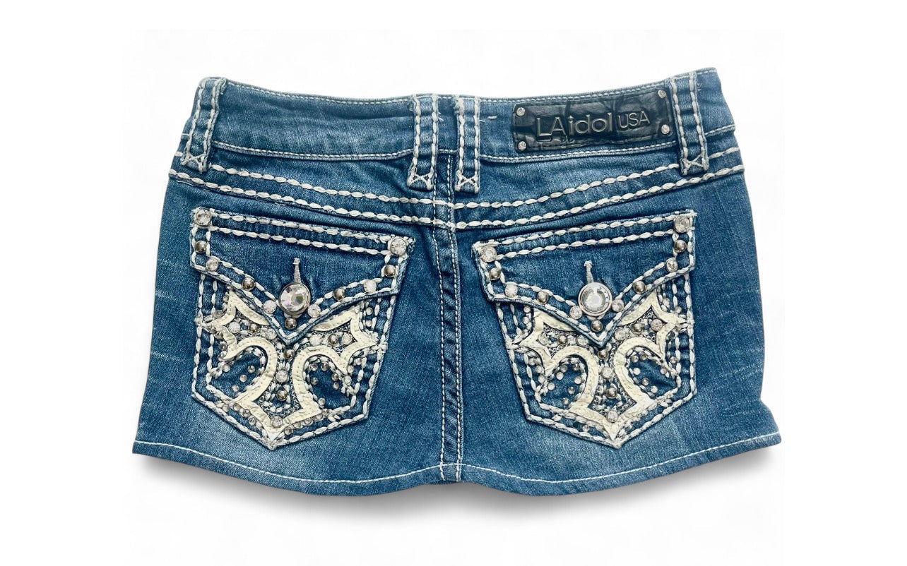 Sparkly Beige Cross Back Pocket Denim Mini Skirt ♡
