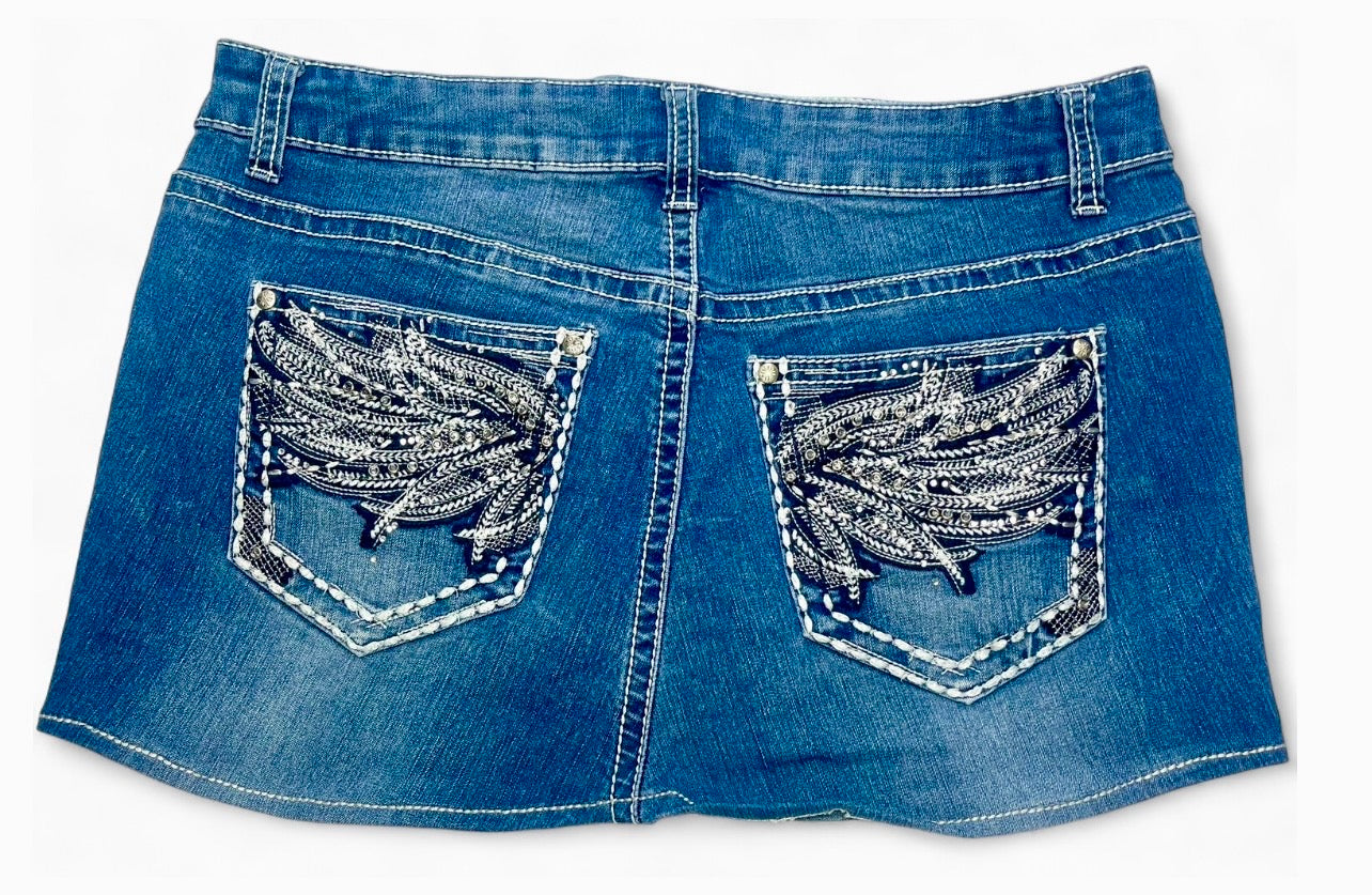 Black & White Diamanté Angel Wing Denim Mini Skirt ♡