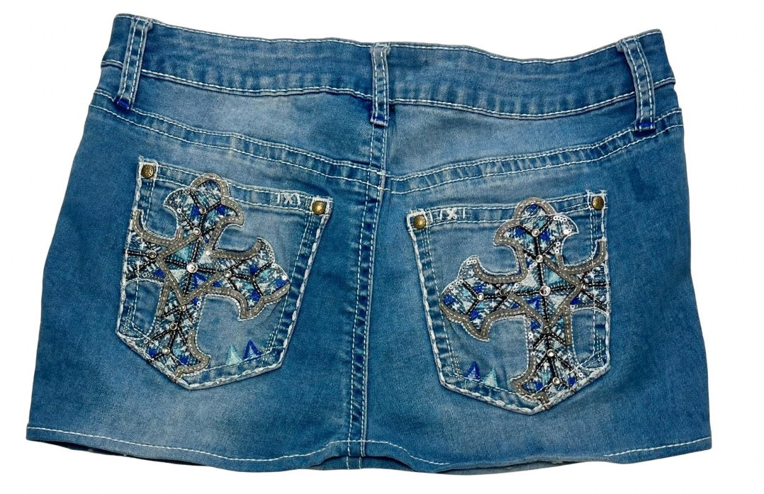 Vintage Y2K Denim Mini Skirt - Blue Cross Embroidery | SophsKloset