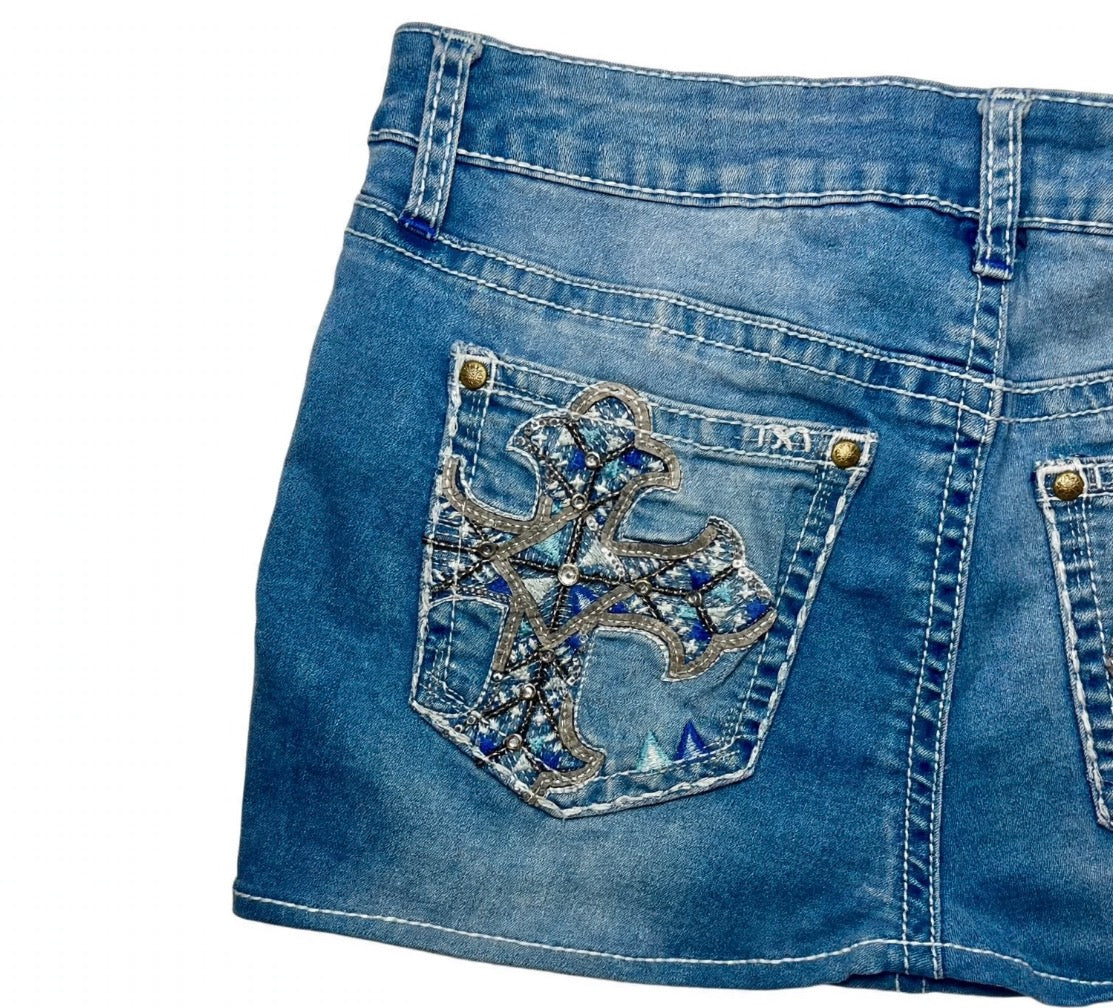 Vintage Y2K Denim Mini Skirt - Blue Cross Embroidery | SophsKloset