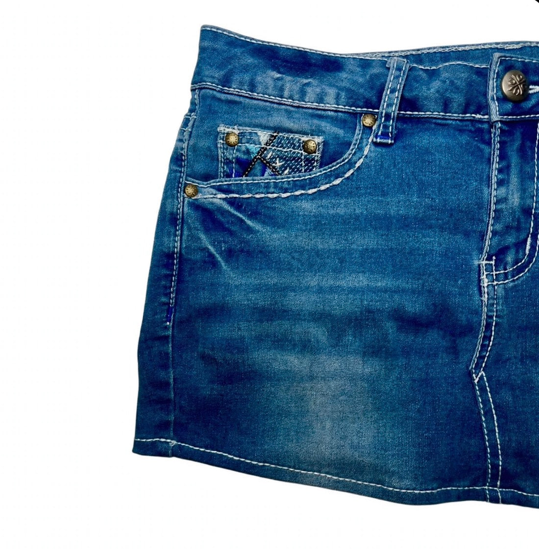 Vintage Y2K Denim Mini Skirt - Blue Cross Embroidery | SophsKloset
