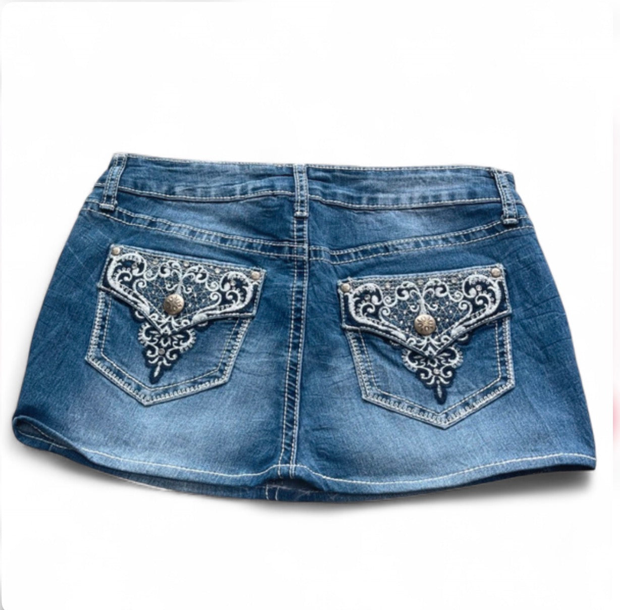 Blue denim skirt with decorative pockets on a white background