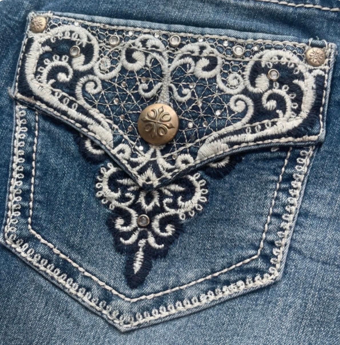 Close-up of a blue denim pocket with intricate white lace embroidery and decorative buttons.